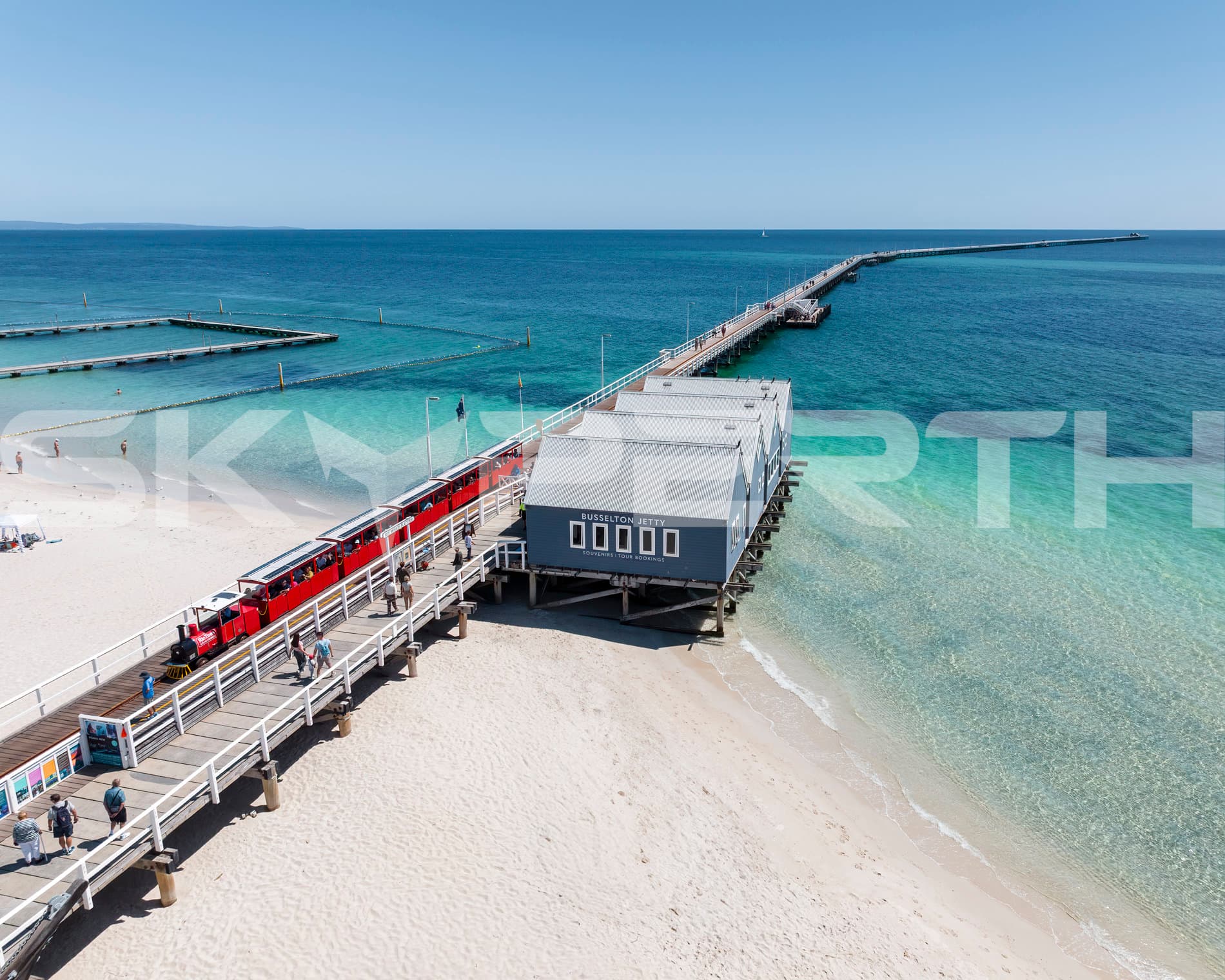 Sunny Day at Busselton Jetty with Red Tram
